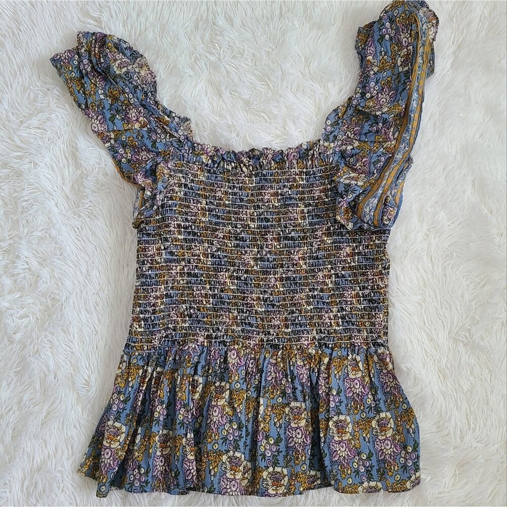 Jennifer & Grace‎ Blue And Pink Floral Boho Ruffled Floral Top NWT Large